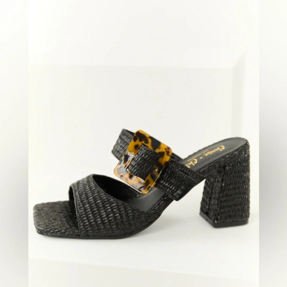 Chase + Chloe Black Woven Mules w/ Faux Tortoise Shell Buckle Detail - Size 6.5 - Picture 2 of 9